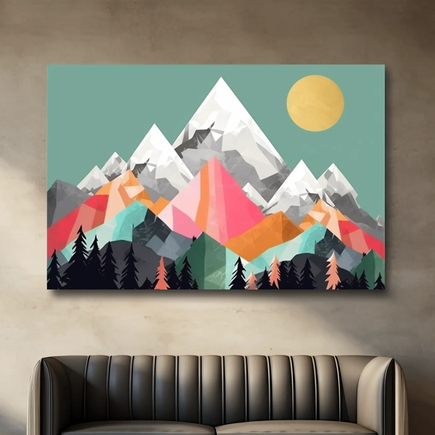 Geometric Abstract 2D Mountain Sunrise Art - Colorful Mid Century Wall Art