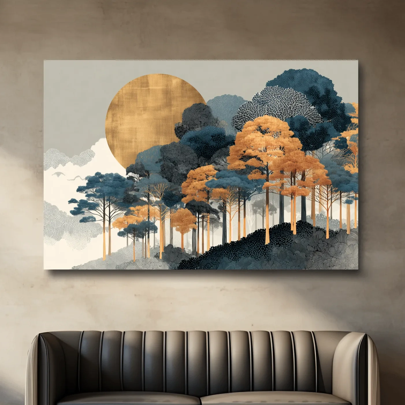 Modern Chic Golden Sun Over Autumn Forest - Elegant Boho Landscape Wall Art