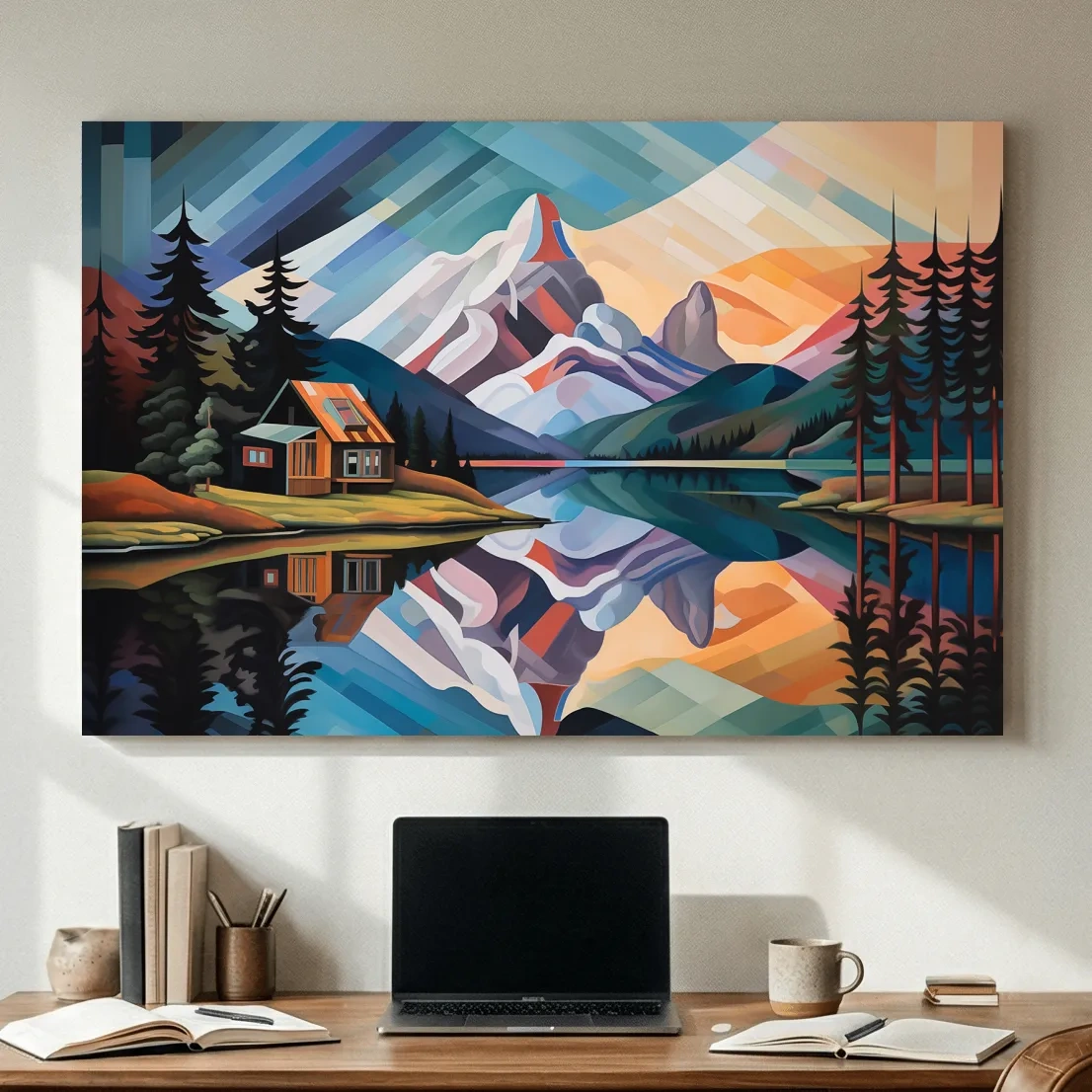 Mountain Cabin by the Lake Canvas Print - Abstract Oil Painting Sunset Wall Art