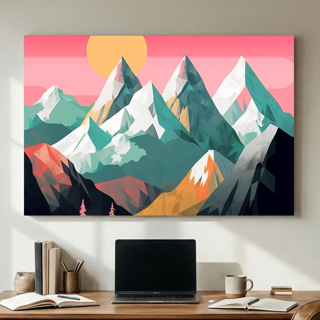 Alpine Mountains Sunrise Illustration - Colorful Landscape Wall Art