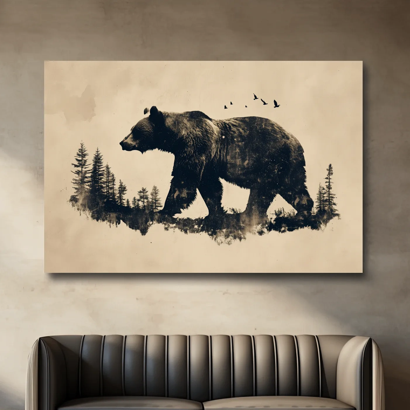 Vintage Grizzly Bear Forest Silhouette - Rustic Wildlife Wall Art