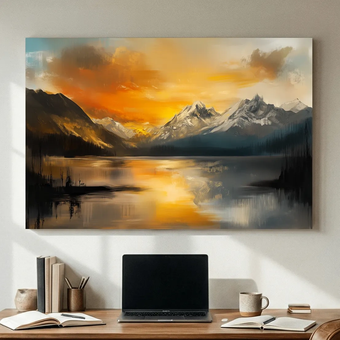 Moody Alpine Mountain Lake Sunset Painting - Oil Painting Style Wall Art