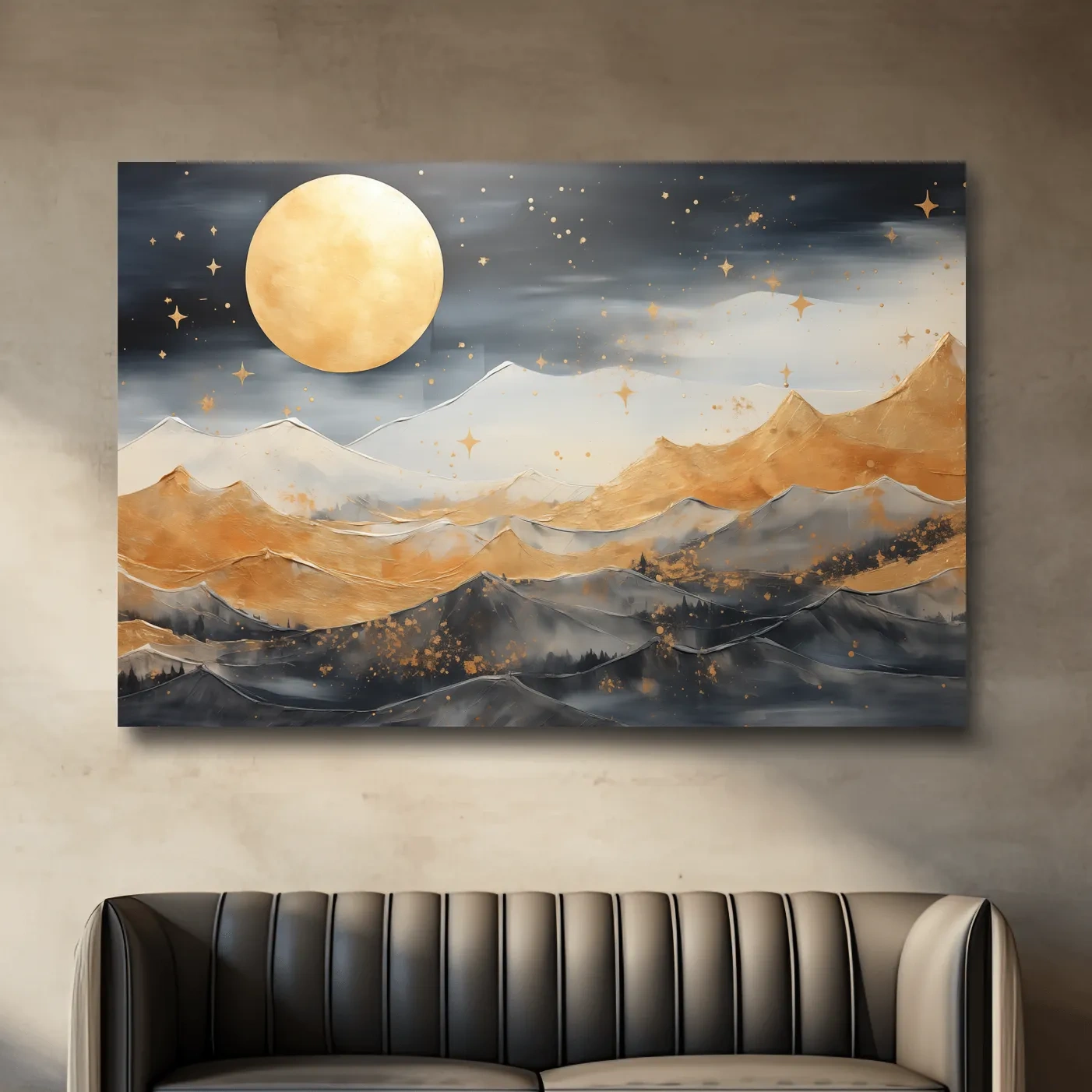 Golden Moonlit Abstract Mountain Landscape - Modern Metallic Watercolor Wall Art