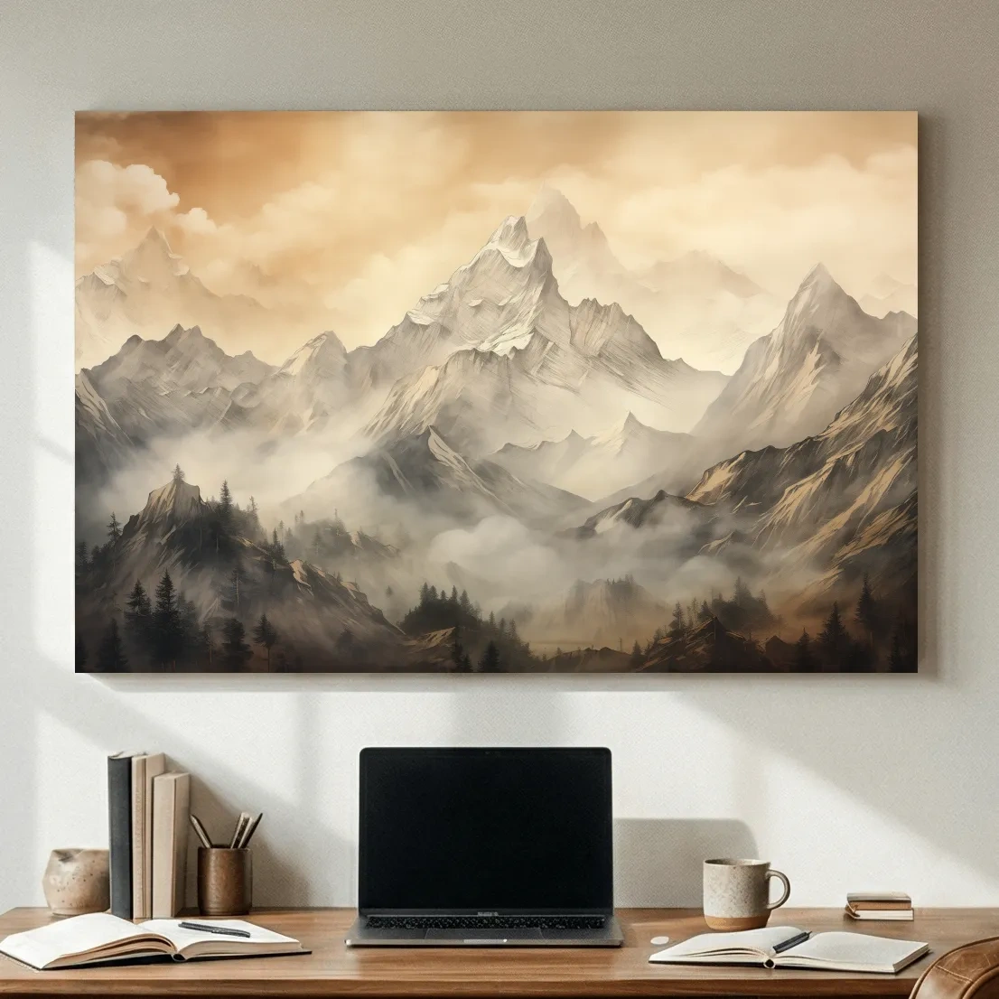 Moody Sepia Misty Mountain Peaks - Atmospheric Alpine Landscape Painting Wall Art