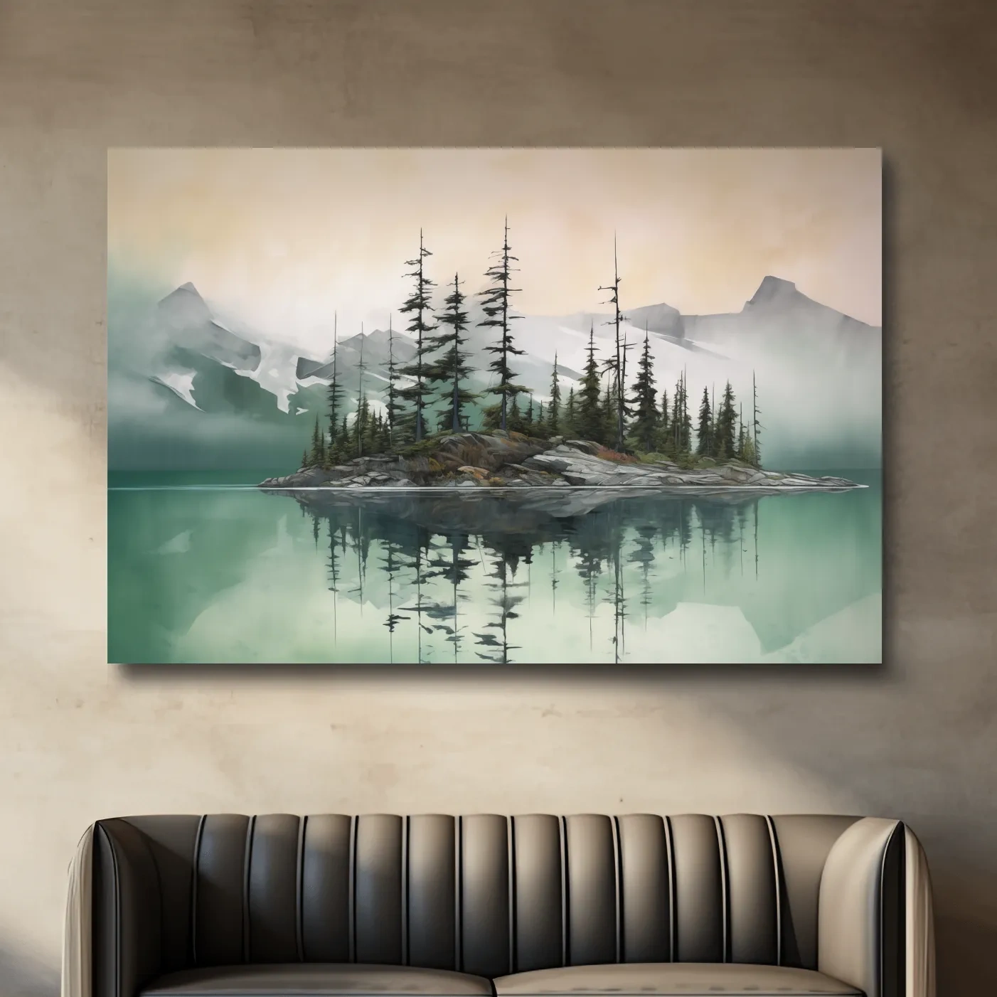 Misty Turquoise Alpine Lake Reflection - Serene Watercolor Mountain Landscape Wall Art