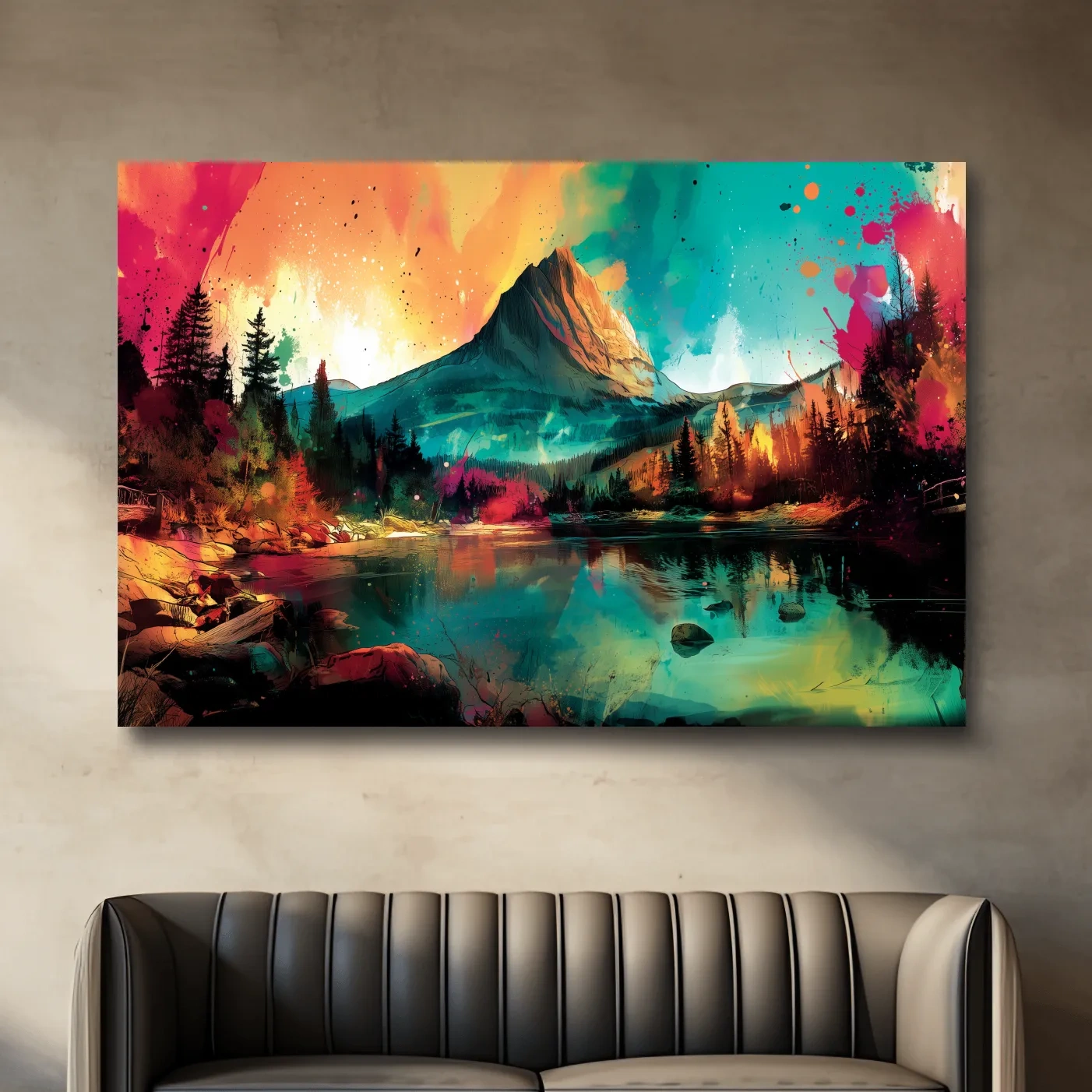 Vibrant Abstract Alpine Mountain Sunrise - Colorful Watercolor Style Artwork