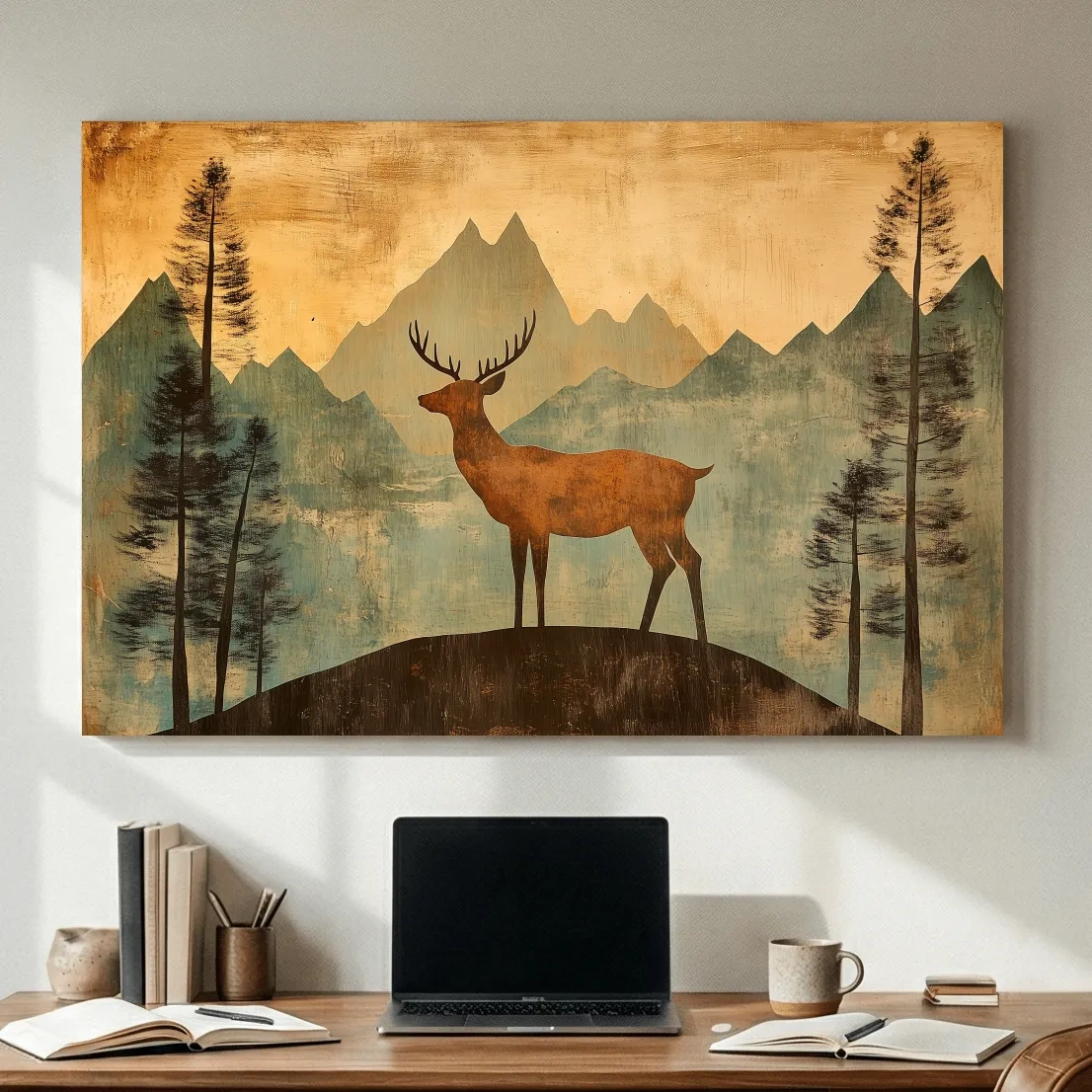 Rustic Deer Silhouette Mountain Landscape - Vintage Woodland Wall Art