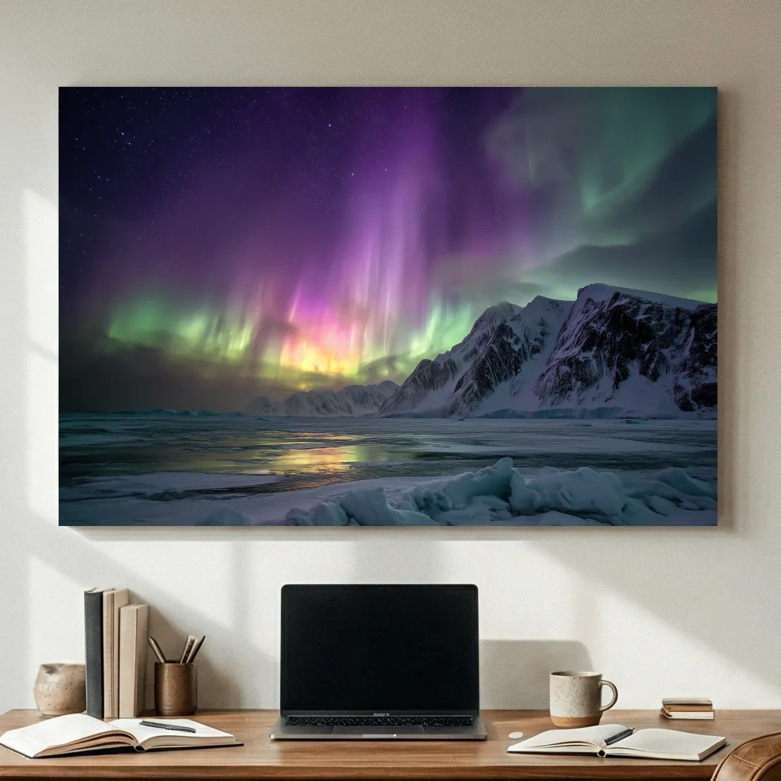 Vibrant Northern Lights Over Snowy Mountains - Aurora Borealis Photographic Night Sky Wall Art