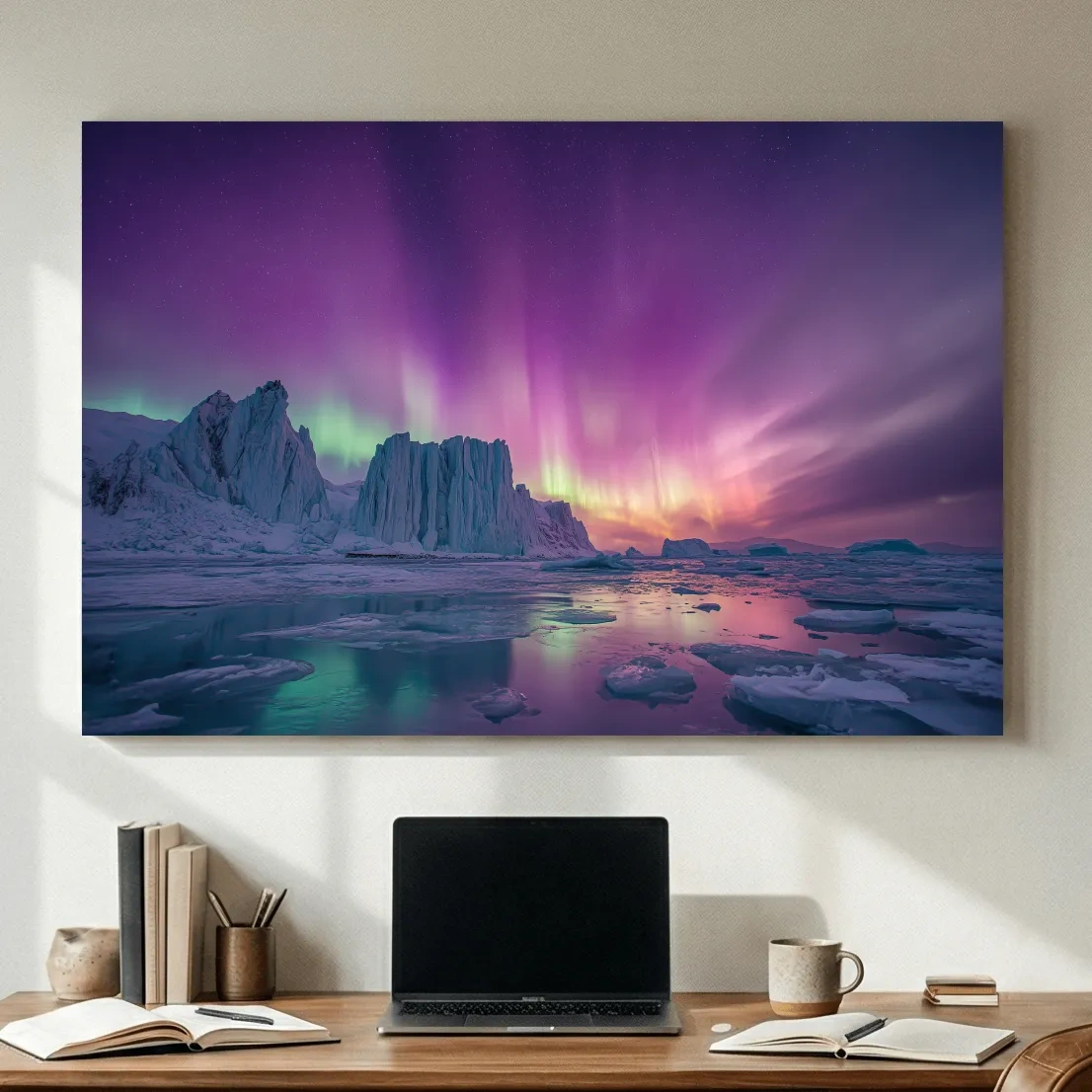 Vibrant Purple Northern Lights Over Arctic Icebergs - Aurora Borealis Landscape Wall Art