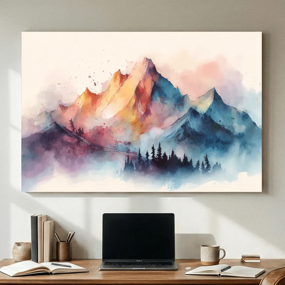 Vibrant Watercolor Mountain Peaks - Colorful Misty Alpine Forest Wall Art