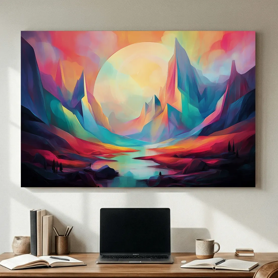 Vibrant Abstract Mountain Valley Sunset - Colorful Surreal Landscape Wall Art