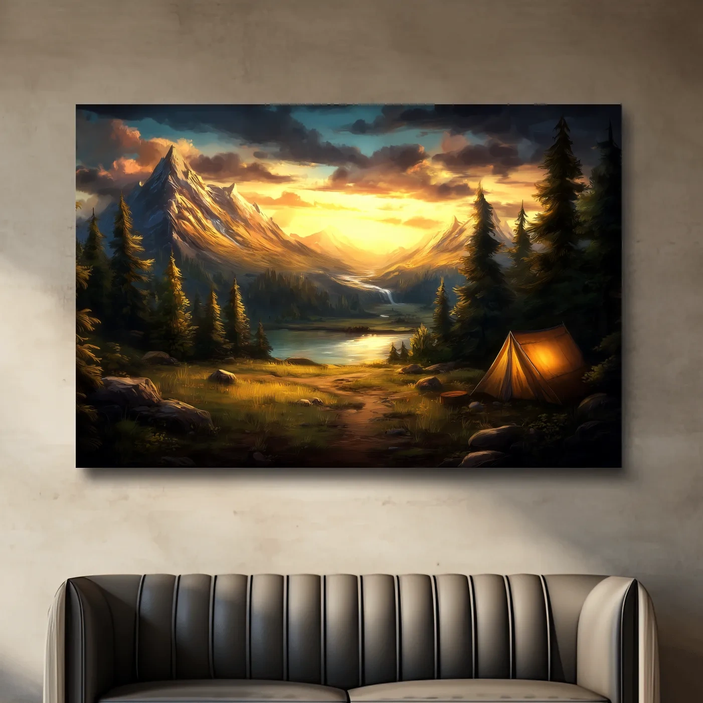 Golden Sunset Alpine Camping Scene Impressionist Painting - Scenic Mountain Wall Art