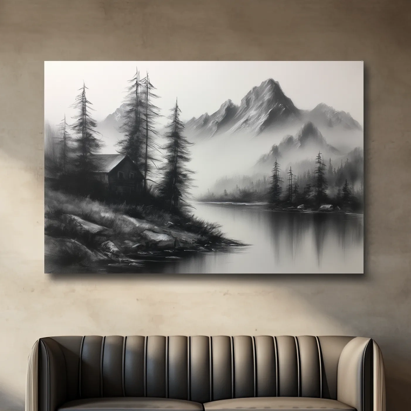 Moody Monochrome Alpine Lake Cabin - Charcoal Mountain Sketch Style Wall Art