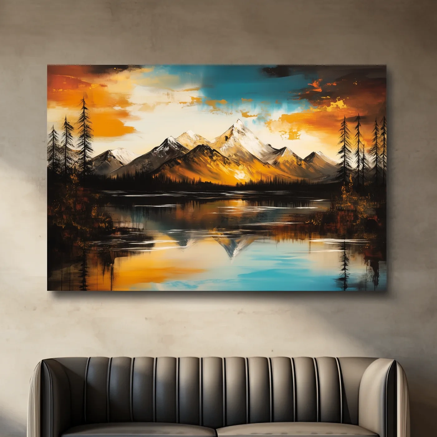 Alpine Mountain Sunset Oil Painting - Textured Abstract Landscape Wall Art