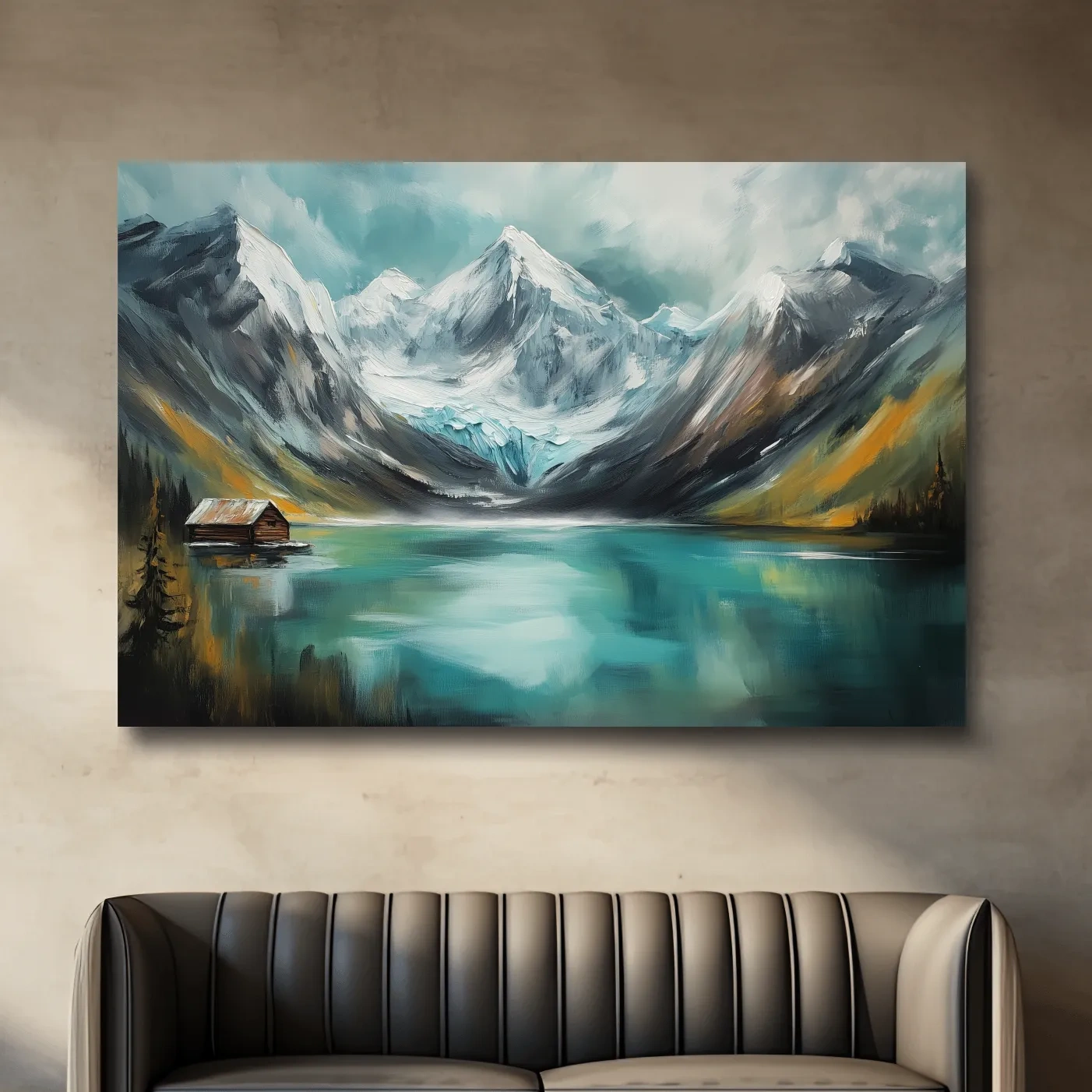Turquoise Alpine Lake Cabin Painting - Snowy Mountain Landscape Wall Art