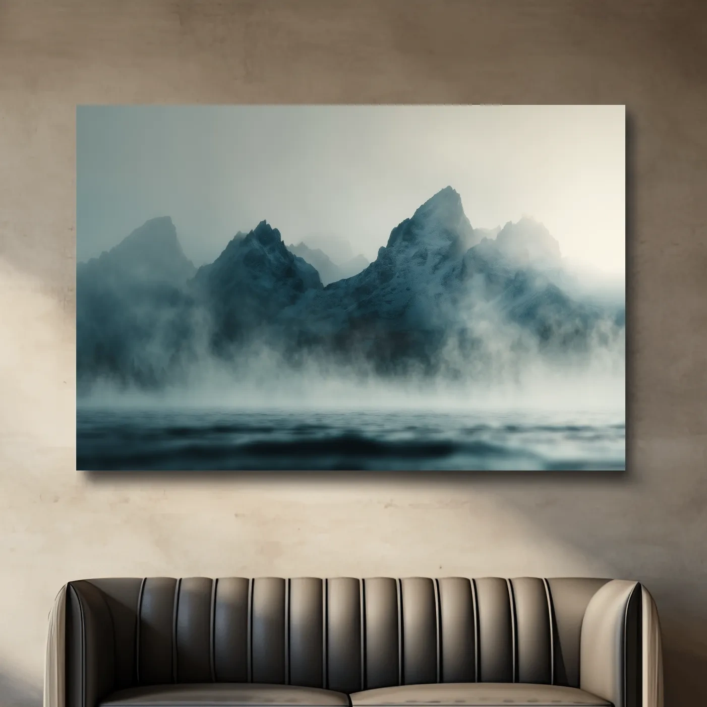 Moody Misty Mountain Peaks Over Water - Atmospheric Monochrome Landscape Wall Art