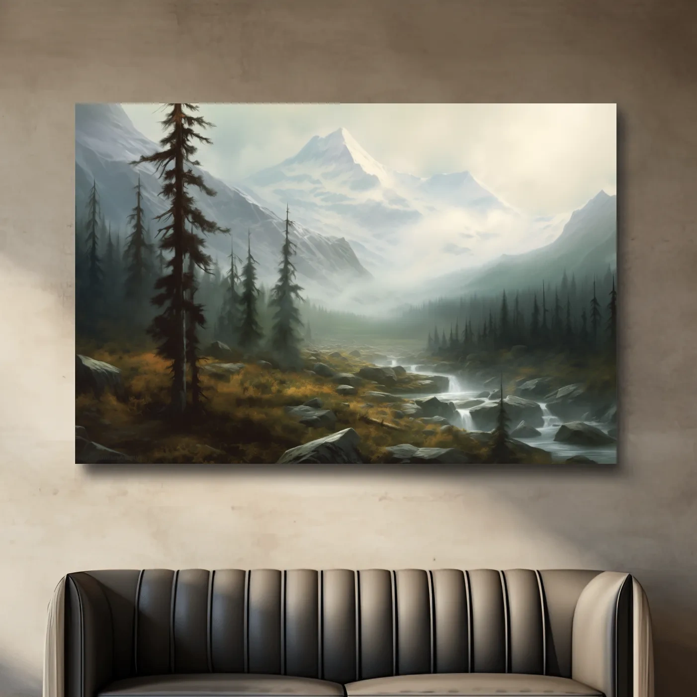 Misty Alpine Mountain Valley Painting - Foggy Evergreen Forest Wall Art