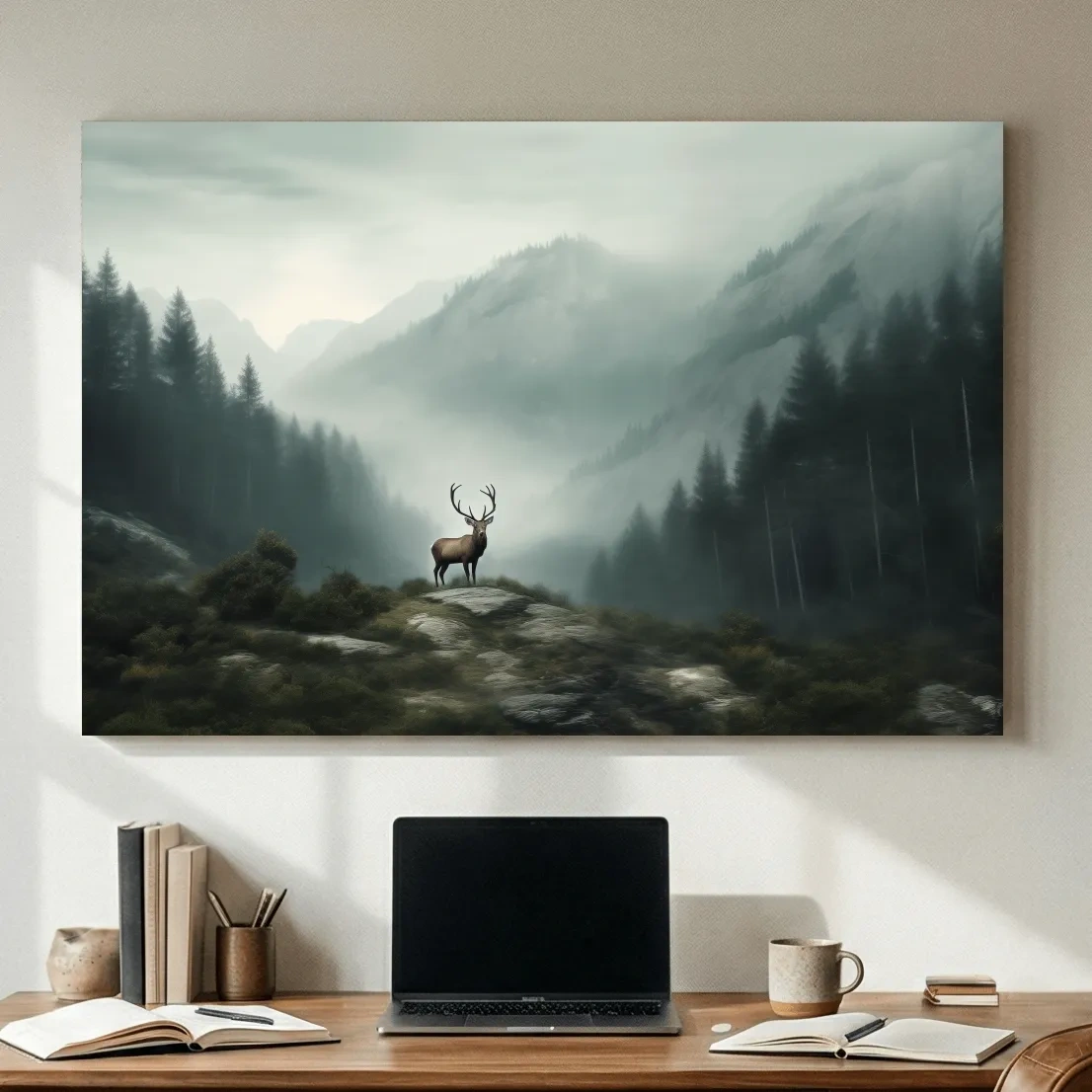 Moody Misty Mountain Deer Landscape - Atmospheric Forest Wildlife Wall Art
