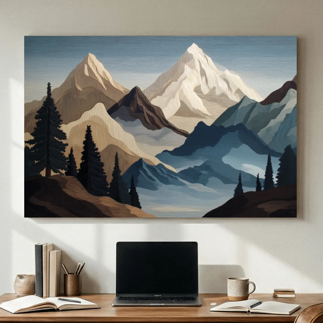 Textured Layered Alpine Mountain Peaks - Scenic Forest Wall Art