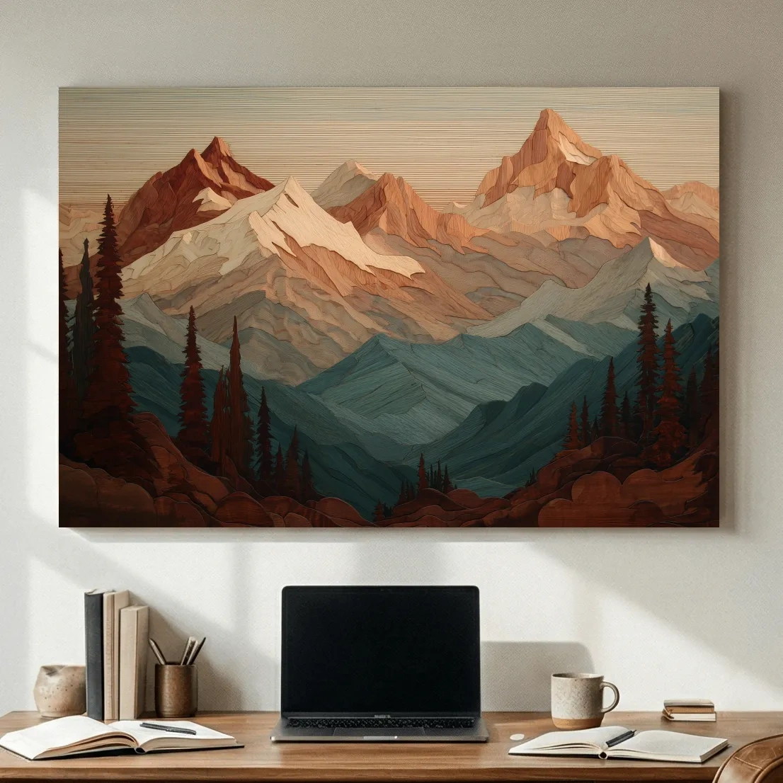 Layered Wood Alpine Mountain Range - Textured Topographic Landscape Wall Art