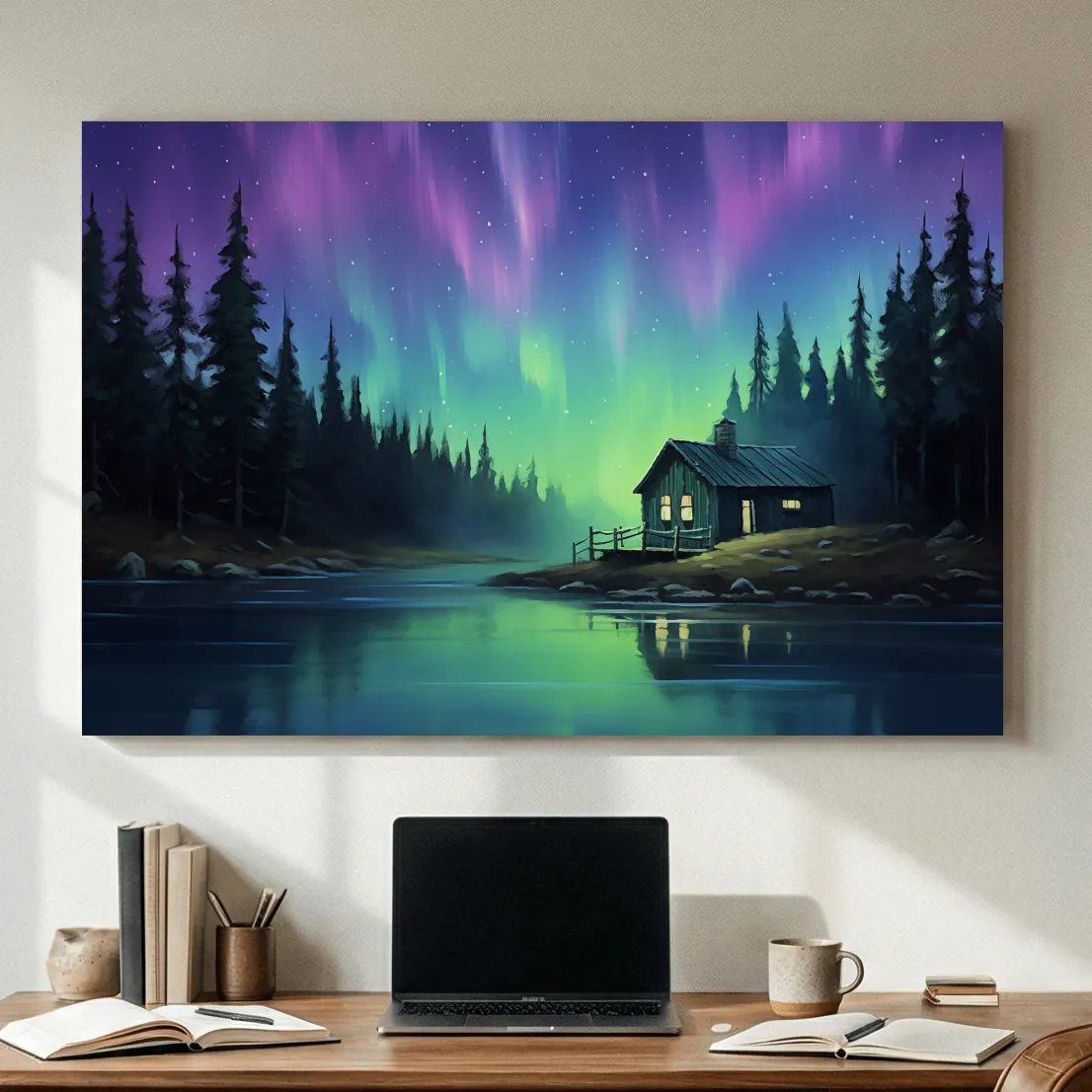 Northern Lights Over Lakeside Cabin Painting - Aurora Borealis Night Wall Art