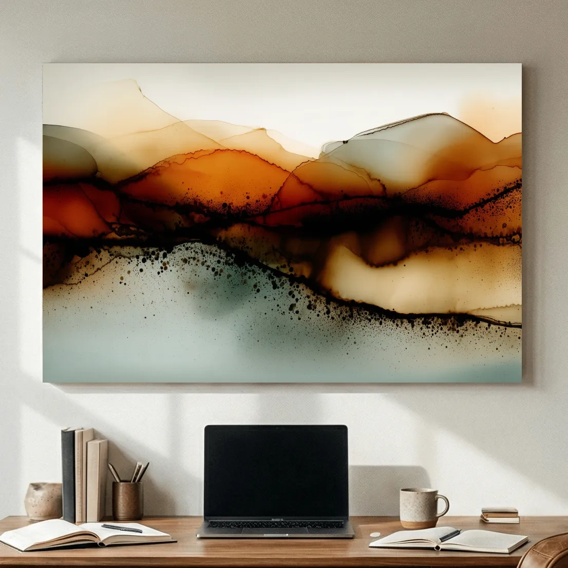 Moody Abstract Sepia Mountain Layers - Modern Alcohol Ink Landscape Wall Art