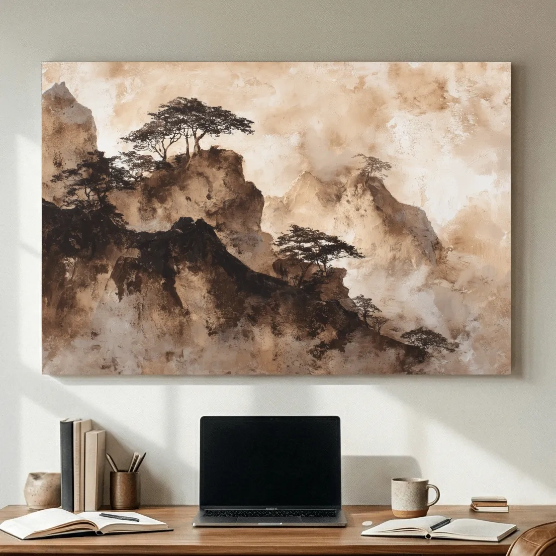 Sepia Japandi Mountain Ridge Painting - Atmospheric Ink Wash Art