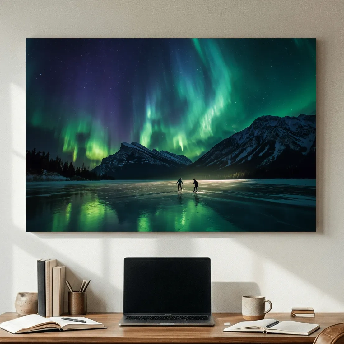 Ice Skaters Under Vibrant Northern Lights - Aurora Borealis Photographic Wall Art