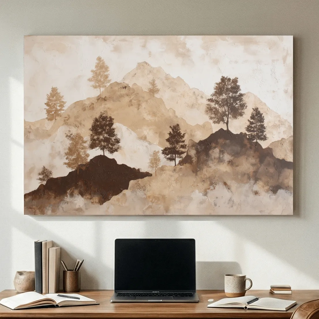 Wabi-Sabi Mountain Tree Silhouettes Painting - Minimalist Landscape Wall Art