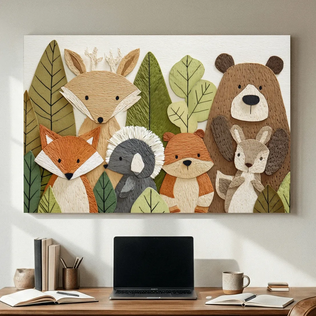 Woodland Animal Nursery Decor - Cute Forest Animals Embroidery Style Wall Art