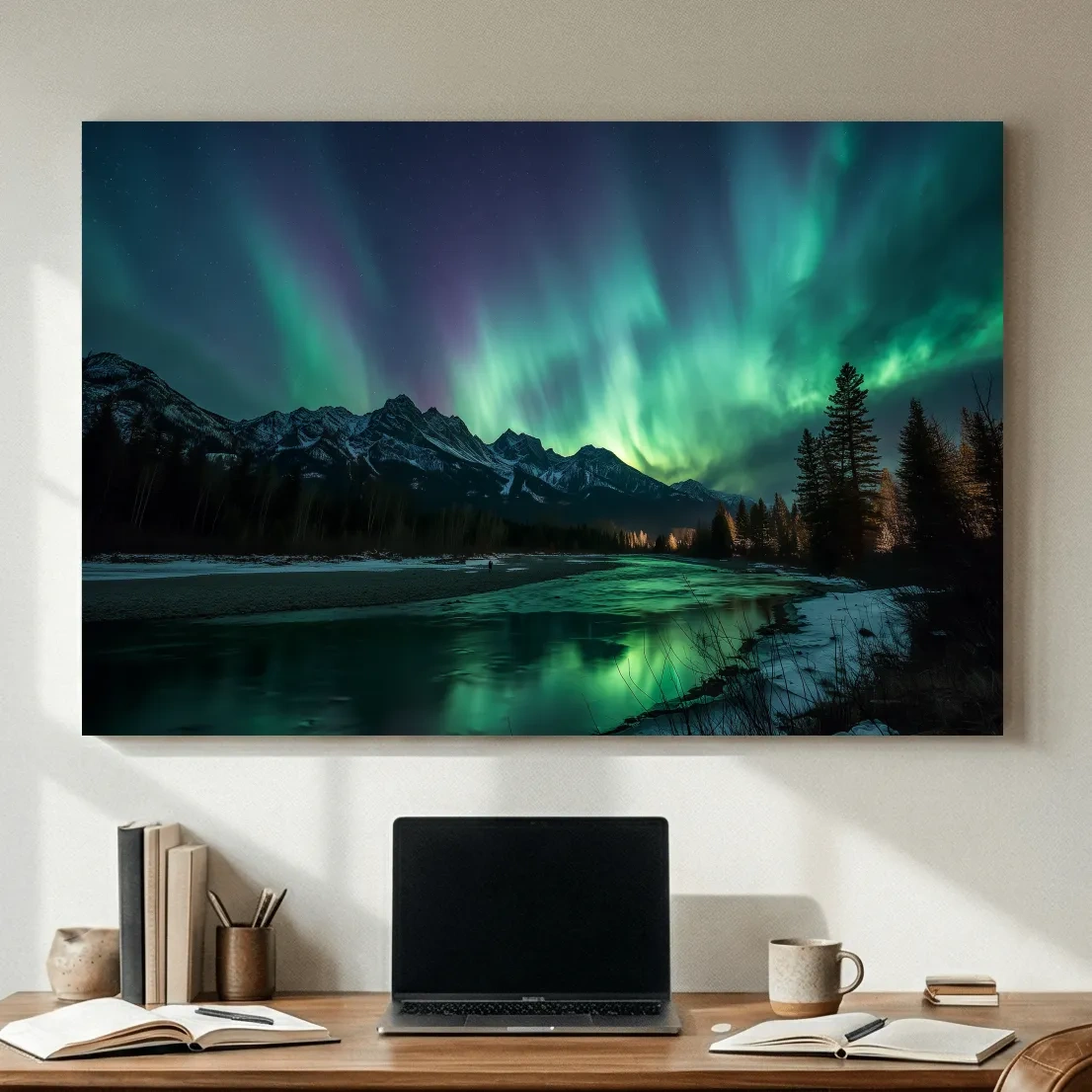 Vibrant Green Northern Lights Over Frozen Lake - Aurora Borealis Landscape Wall Art
