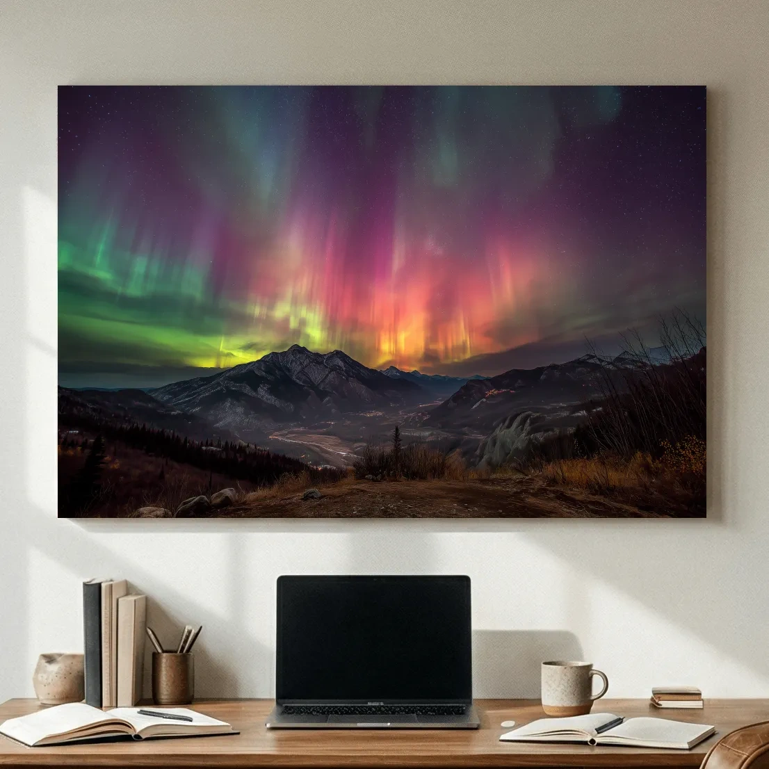 Vibrant Aurora Borealis Over Mountain Range - Colorful Northern Lights Landscape Wall Art