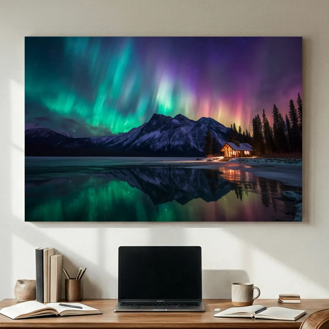 Vibrant Northern Lights Over Mountain Lake Cabin - Aurora Borealis Landscape Wall Art
