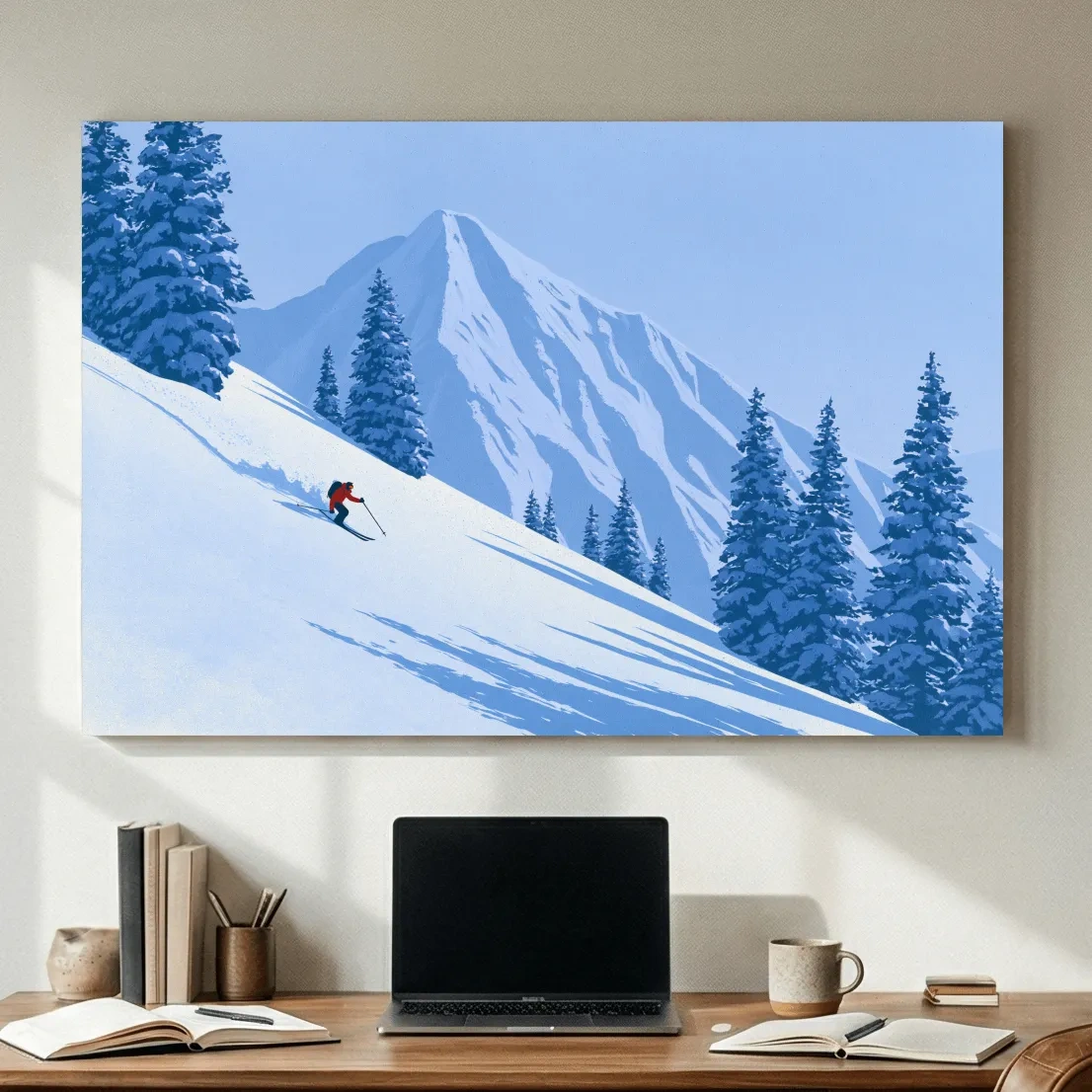 Minimalist Snowy Mountain Skier Landscape - Winter Alpine Illustration Wall Art