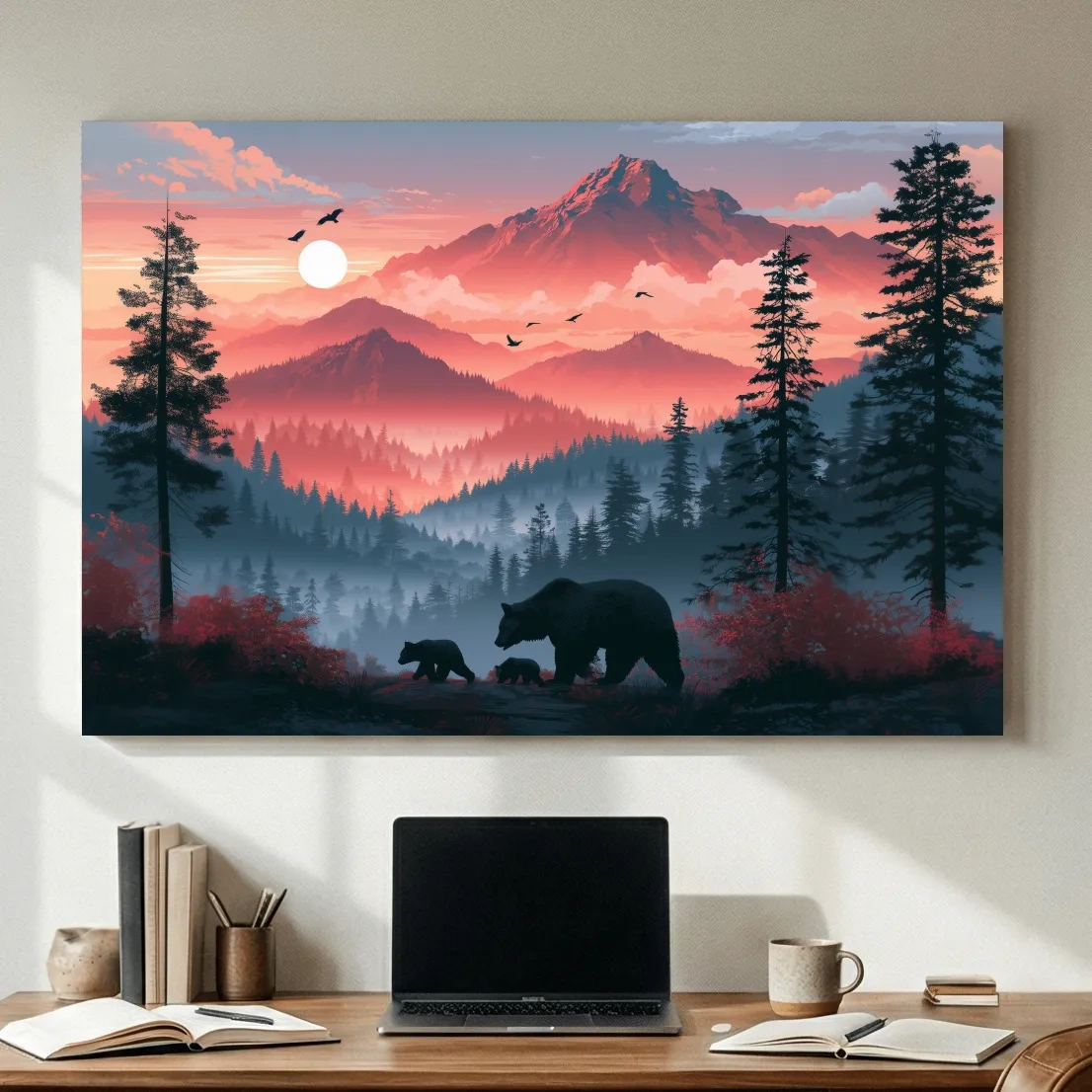 Sunset Mama Bear & Cubs Silhouette - Forest Wildlife Wall Art