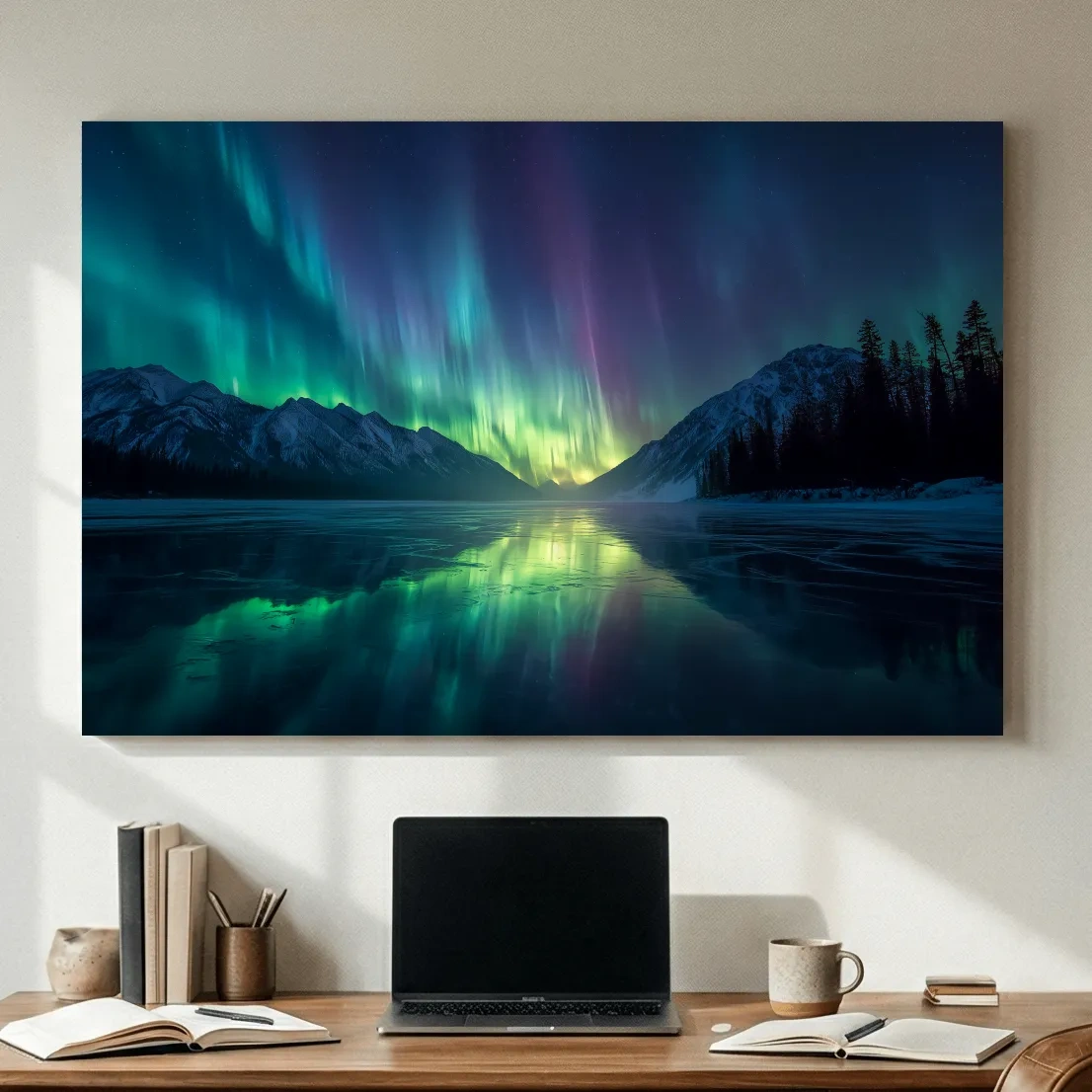 Vibrant Northern Lights Over Icy Mountain Lake - Aurora Borealis Wall Art