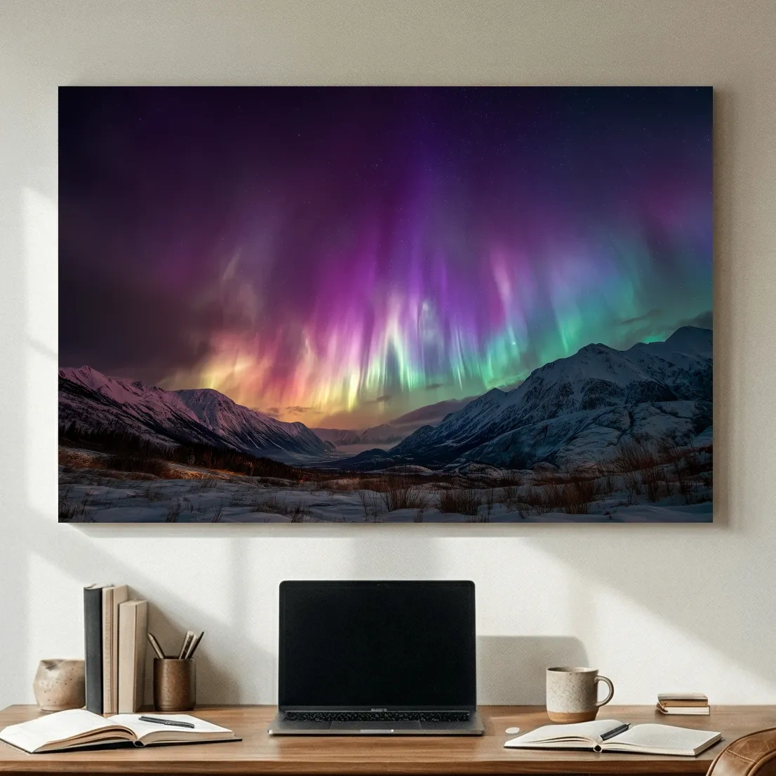 Vibrant Aurora Borealis Over Snowy Mountains - Northern Lights Night Sky Wall Art