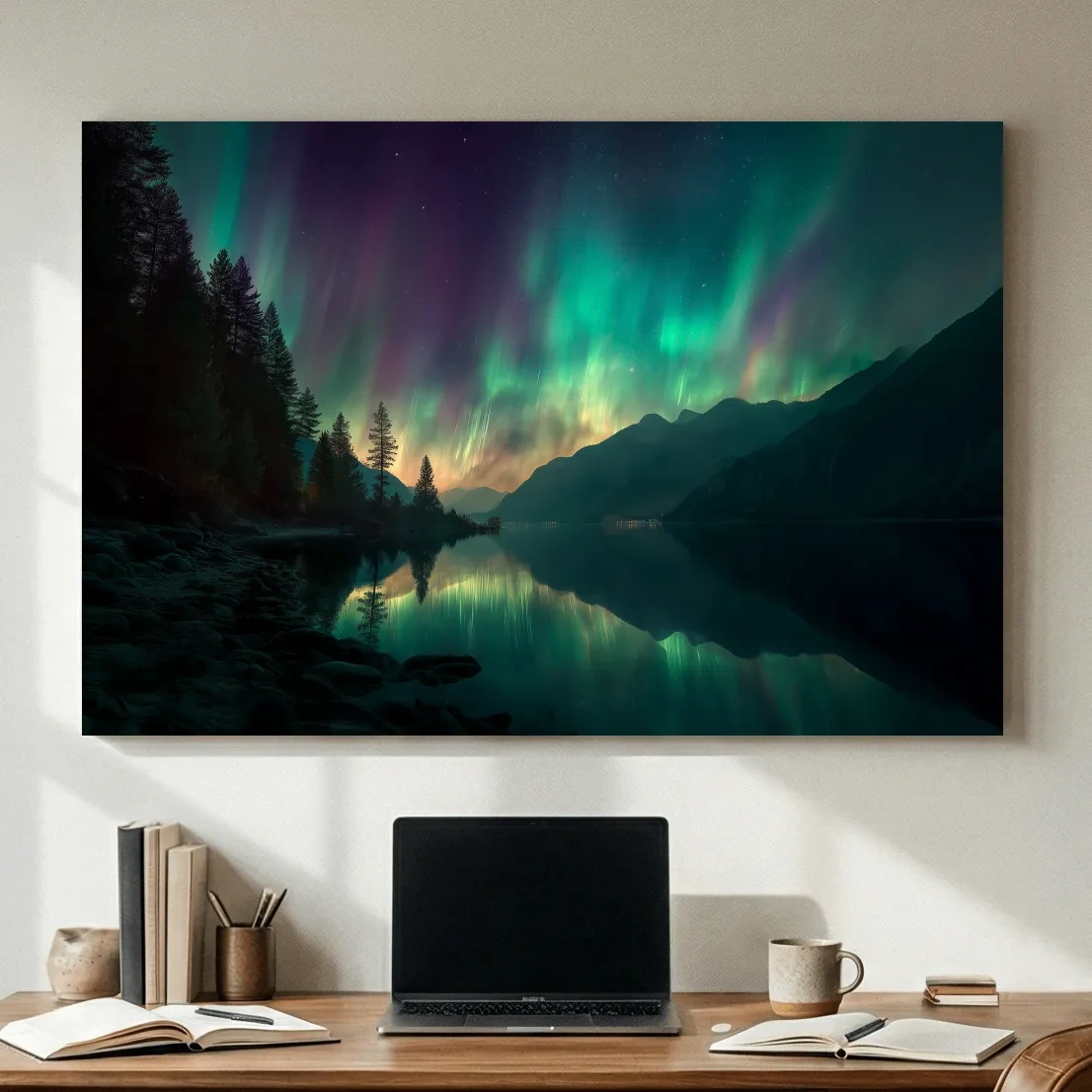 Vibrant Northern Lights Lake Reflection - Aurora Borealis Mountain Wall Art