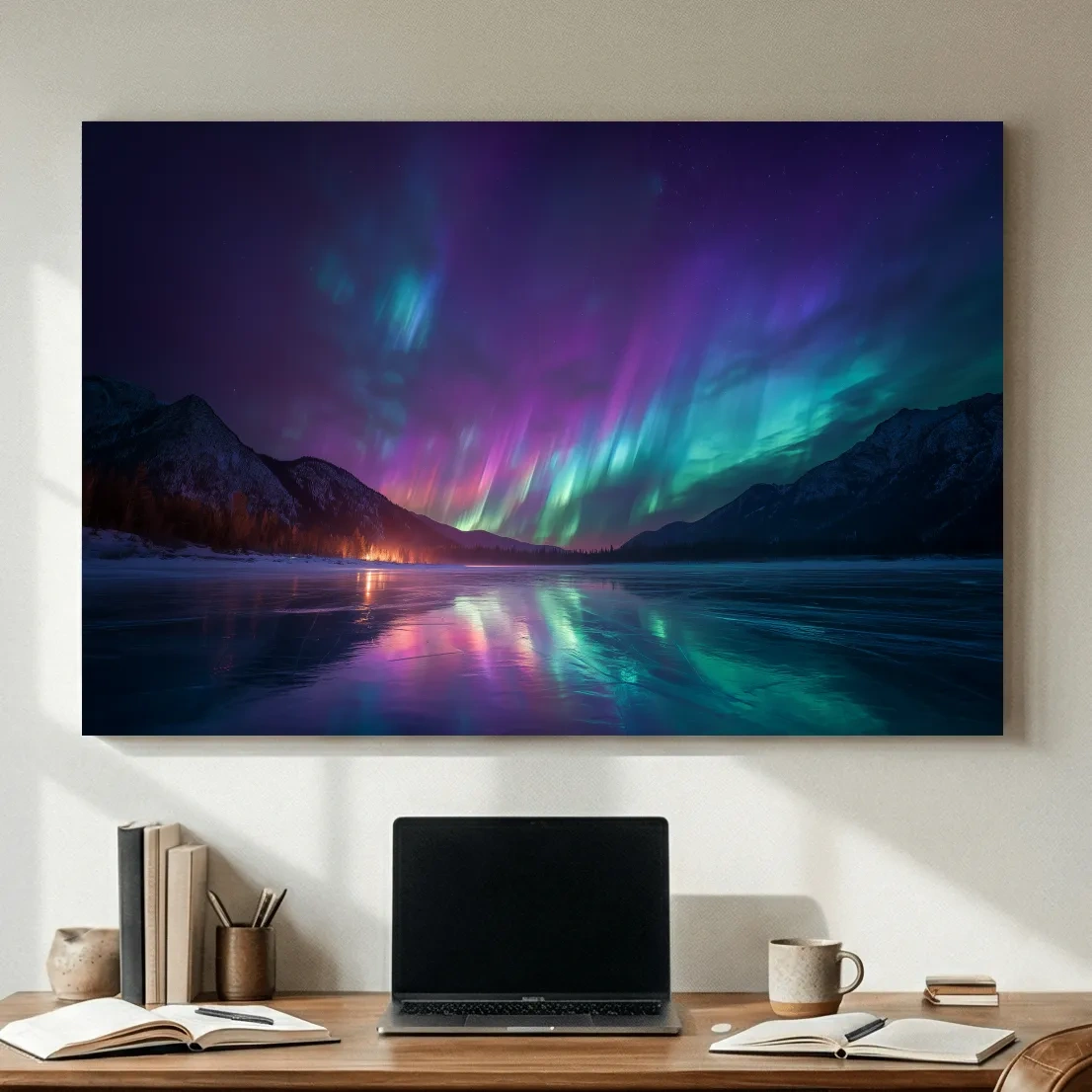 Vibrant Aurora Borealis Over Frozen Lake - Northern Lights Mountain Wall Art