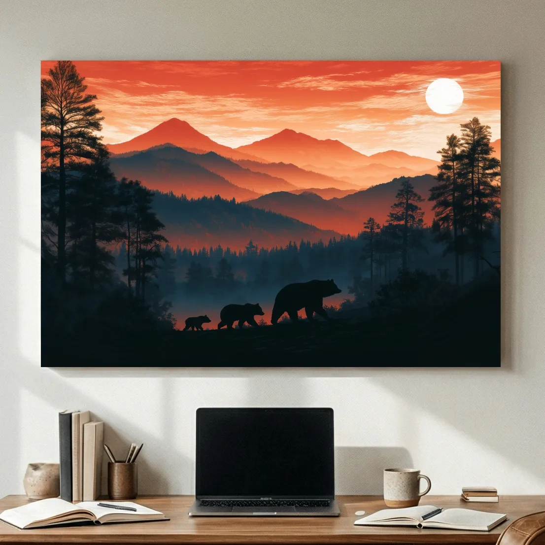 Mountain Sunset Bear Family Silhouettes - Wilderness Landscape Artwork