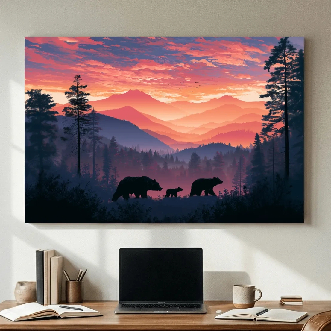 Moody Sunset Mountain Bear Family Silhouettes - Wildlife Wall Art