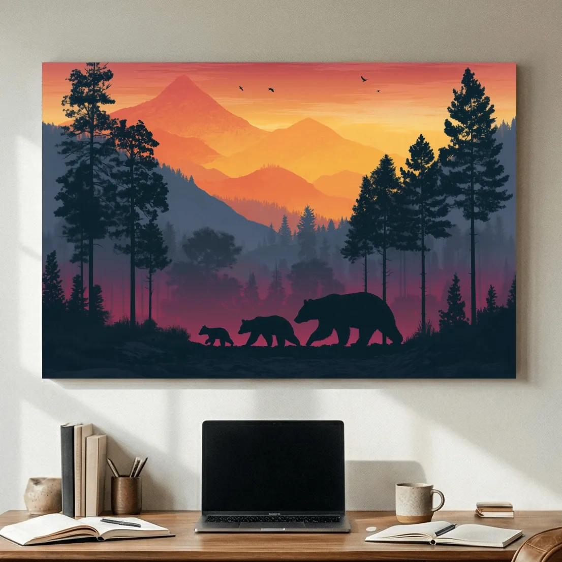 Sunset Momma Bear & Cubs Silhouette - Forest Wildlife Wall Art