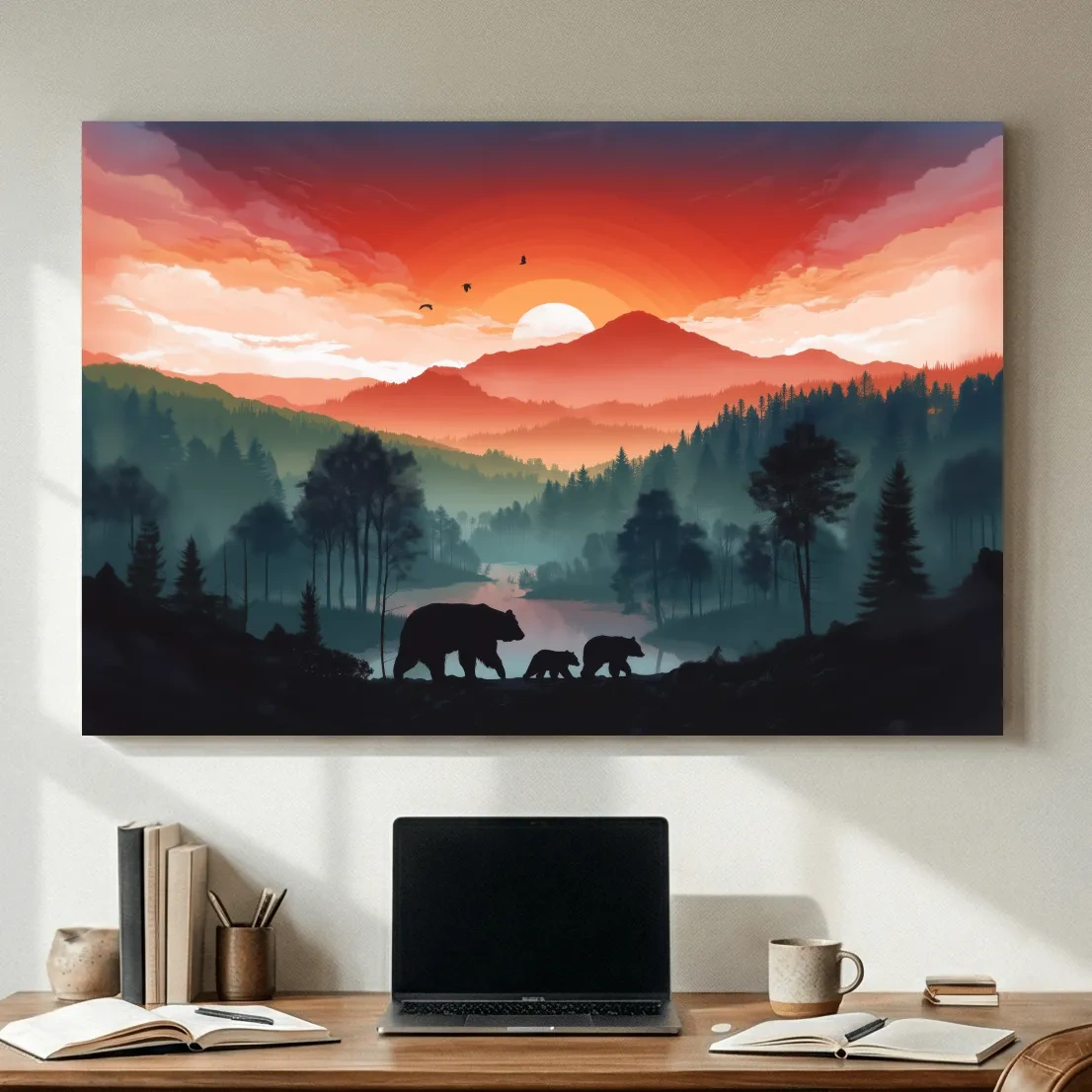 Sunset Bear Family Silhouette Landscape - Misty Mountain Forest Wall Art