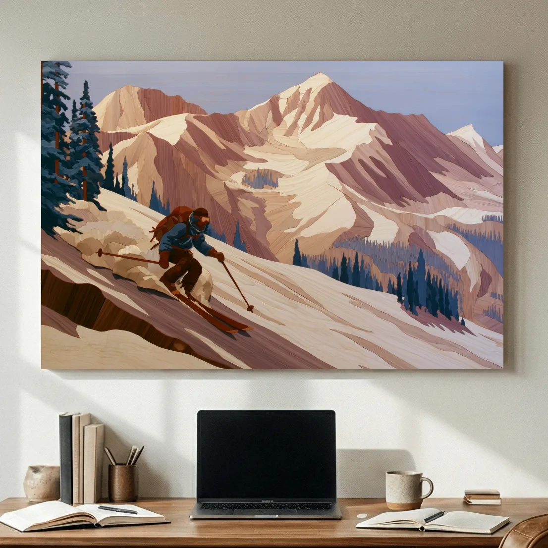 Backcountry Skier Descending Snowy Alpine Peaks - Modern Outdoor Adventure Wall Art