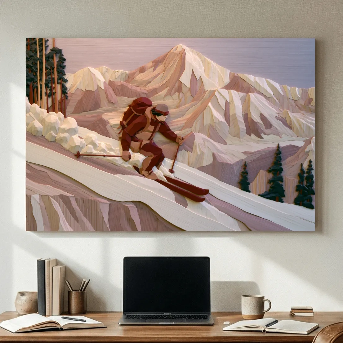 Geometric Backcountry Skier In Alpine Peaks - Winter Mountain Adventure Wall Art