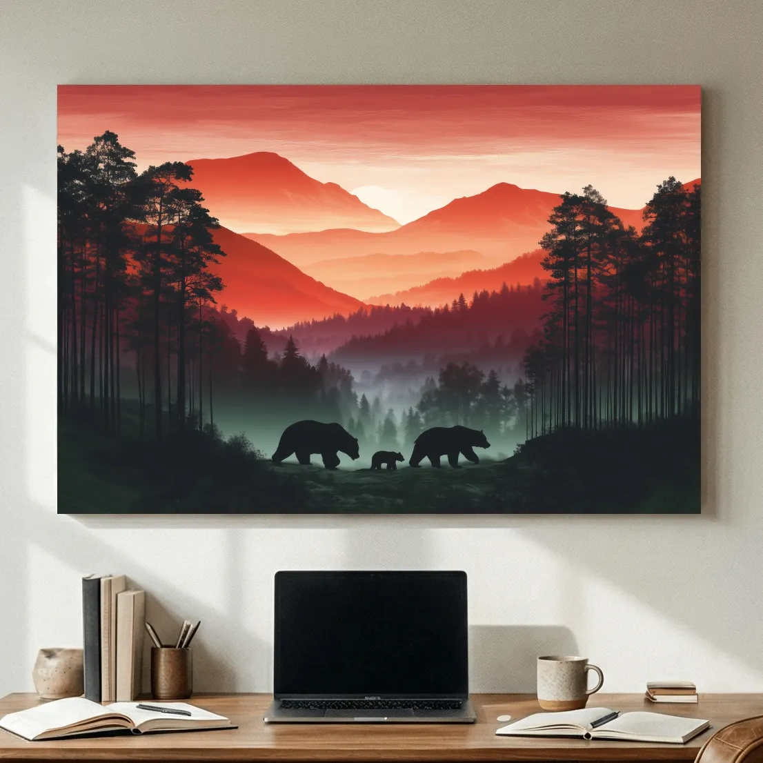 Moody Sunset Mountain Bear Family Silhouettes - Misty Forest Wildlife Wall Art