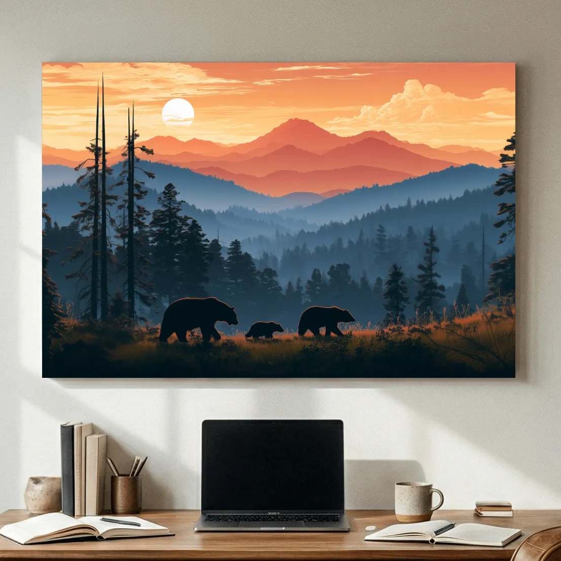 Bear Family Silhouettes - Mountain Sunset Wildlife Wall Art