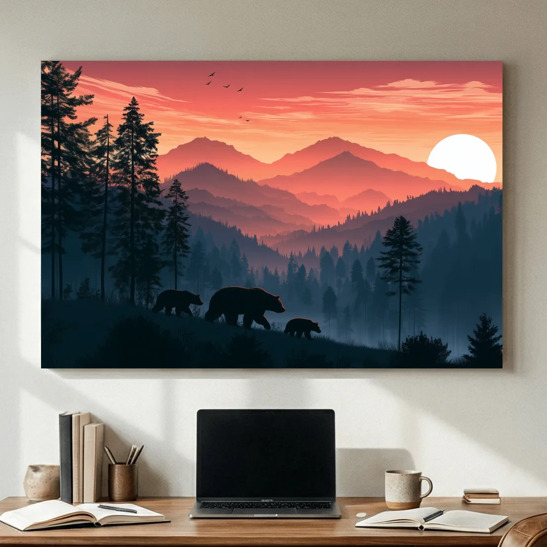 Bear Family Silhouette Mountain Sunset - Wildlife Landscape Wall Art