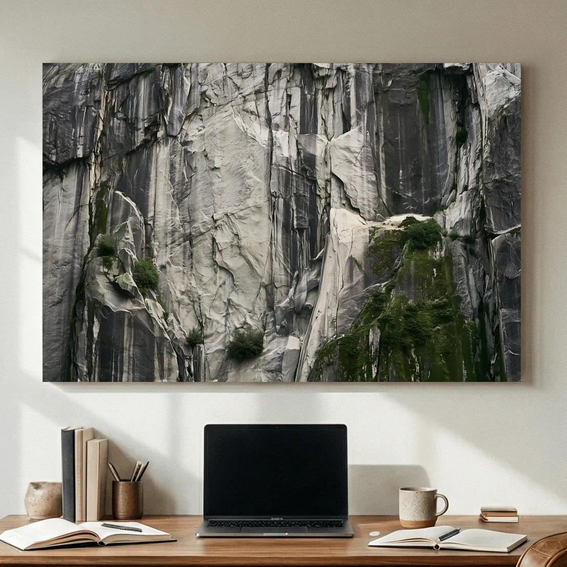 Textured Granite Cliff Face Photography - Moody Monochrome Rock Wall Art