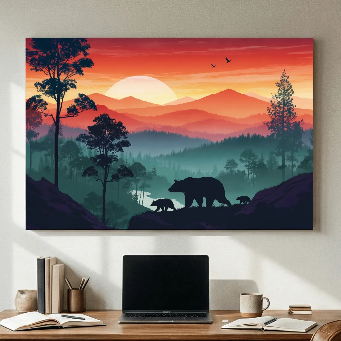 Sunset Mama Bear & Cubs Silhouette - Misty Forest Landscape Artwork